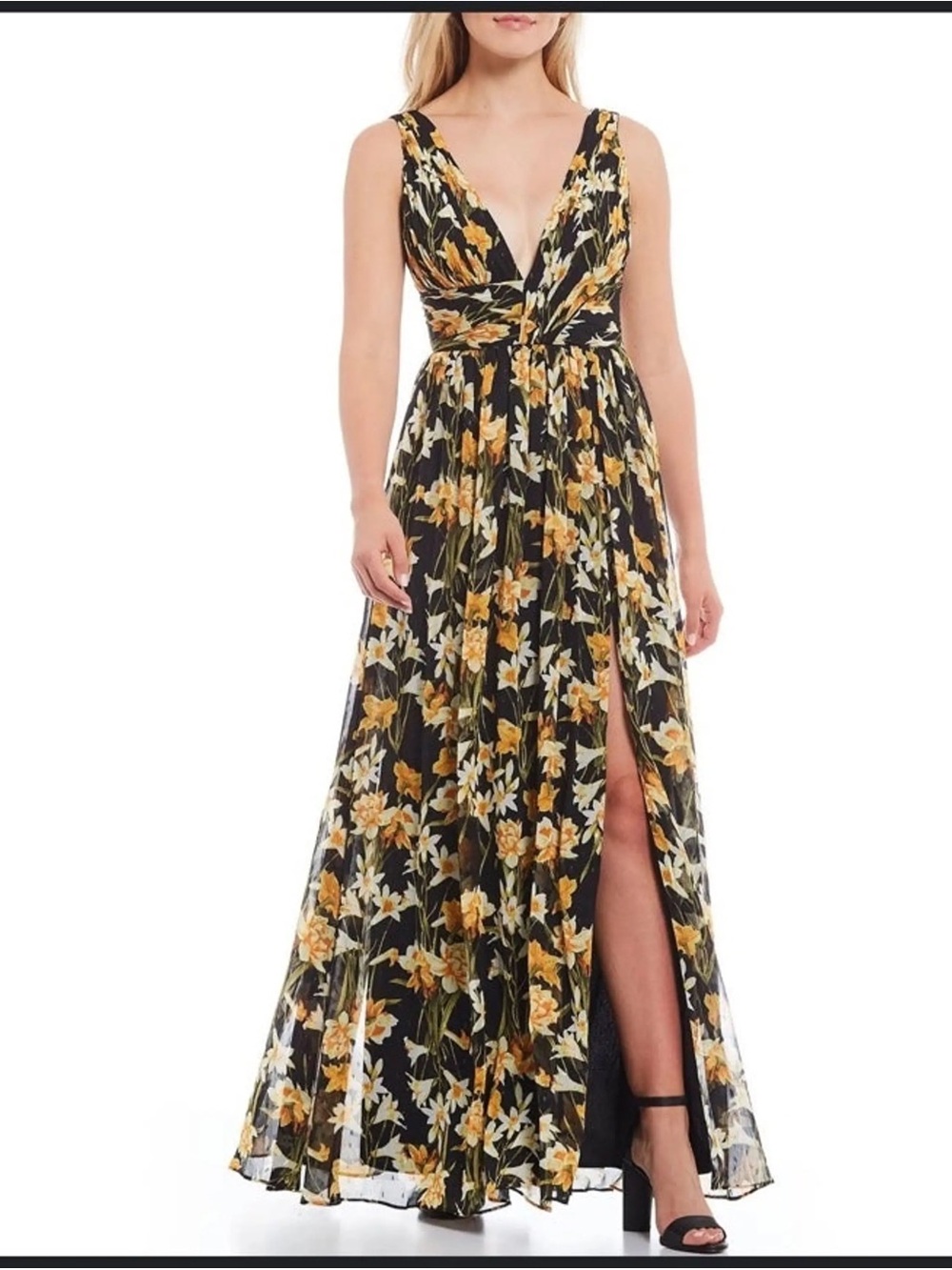 Aidan Mattox Floral Pleat V Neck Front Slit Formal Maxi Dress Black Yellow 8